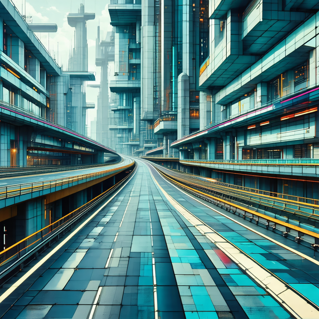 Futuristic cityscape with a long, curved road that runs t...