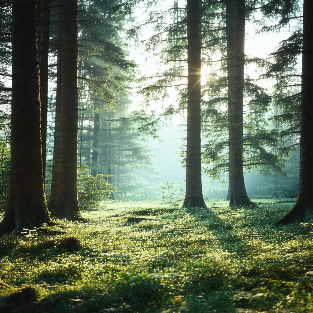Serene forest scene with a group of trees standing in a g...