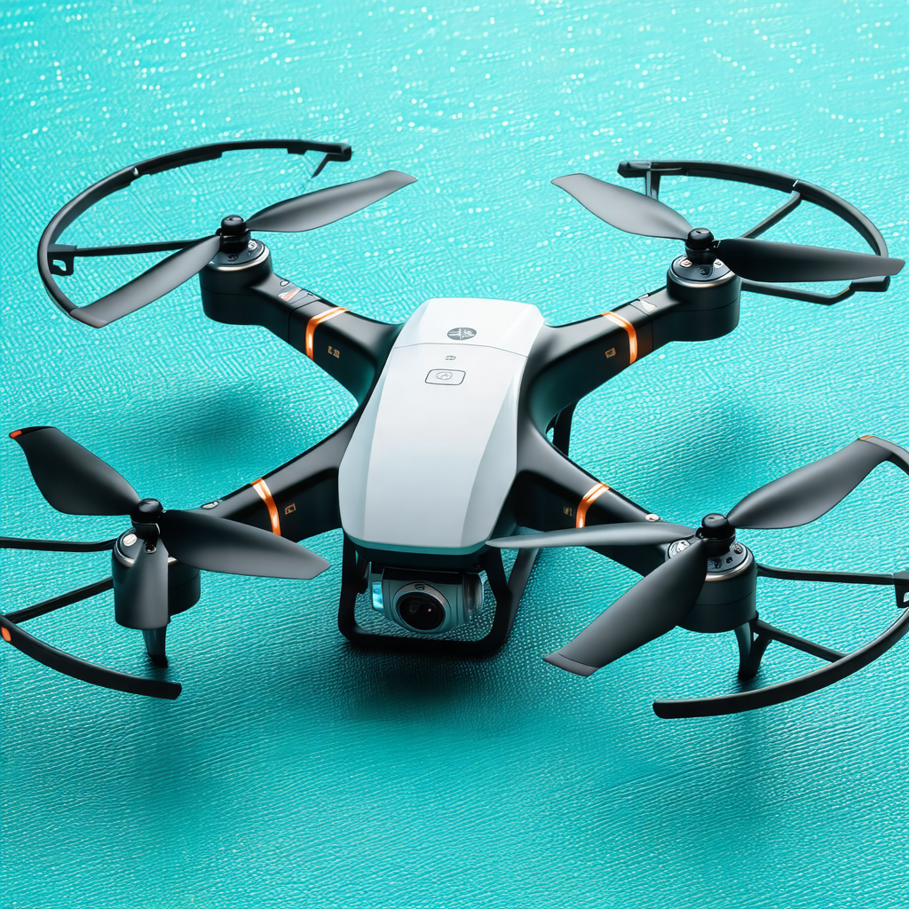 Small drone with a camera on its bottom, sitting on a blu...