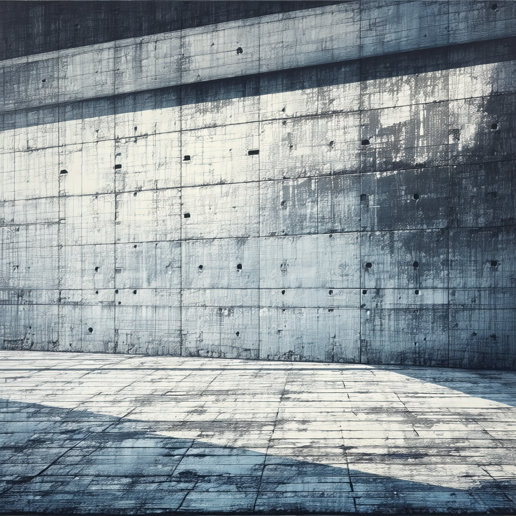 Large, concrete building with a tall, gray wall