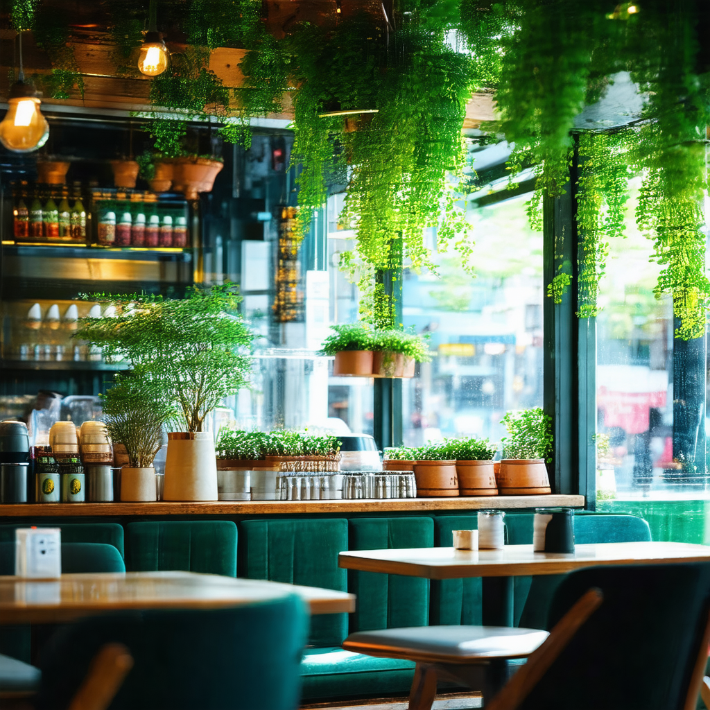 Restaurant with a large green plant in the corner, adding...