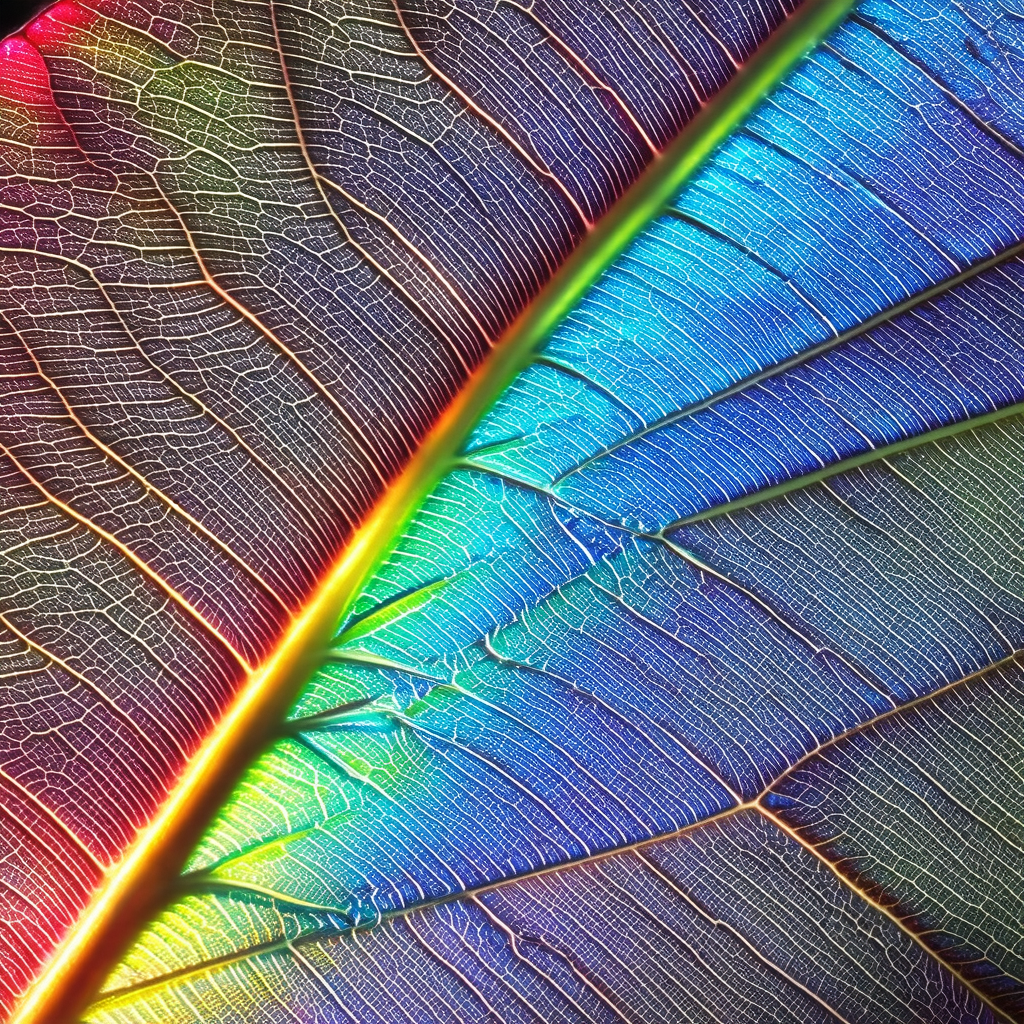 Close-up of a leaf with a rainbow-colored stripe running ...