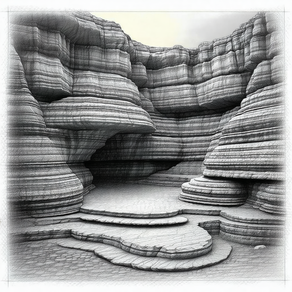 Black and white drawing of a cave with a large rock forma...