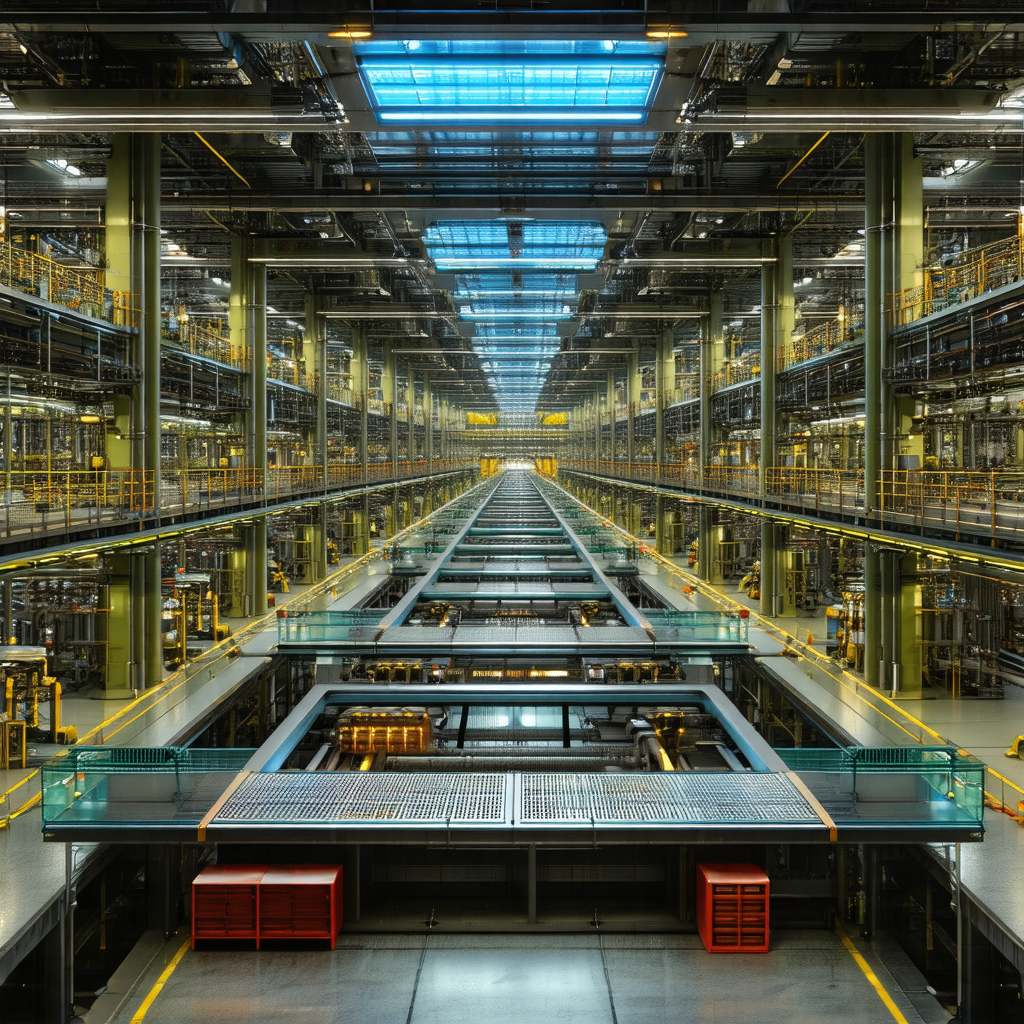 Large, industrial building with a long, narrow hallway