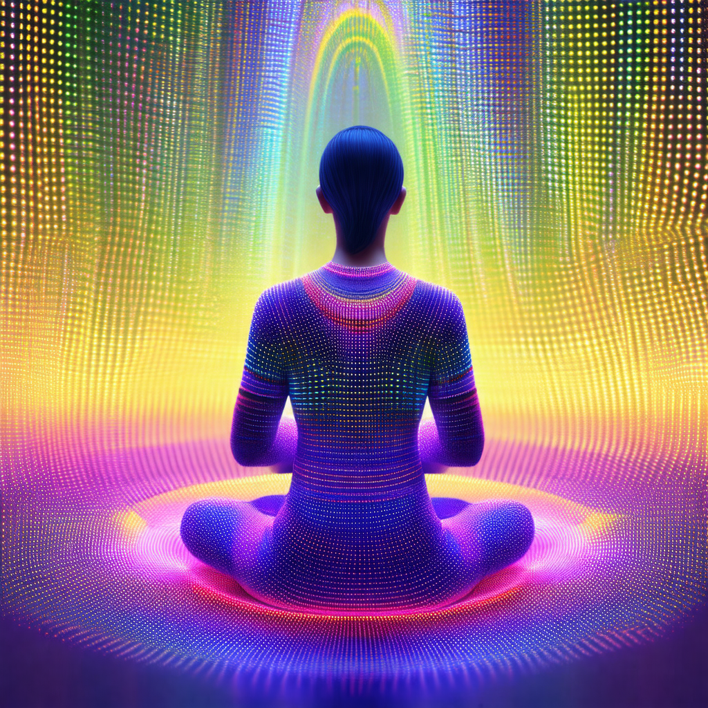 Woman sitting in a circle, surrounded by a vibrant and co...