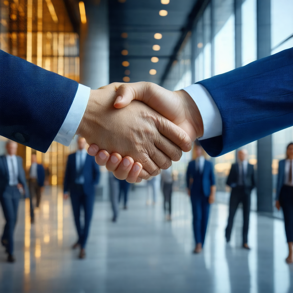 Two men are shaking hands in a professional setting