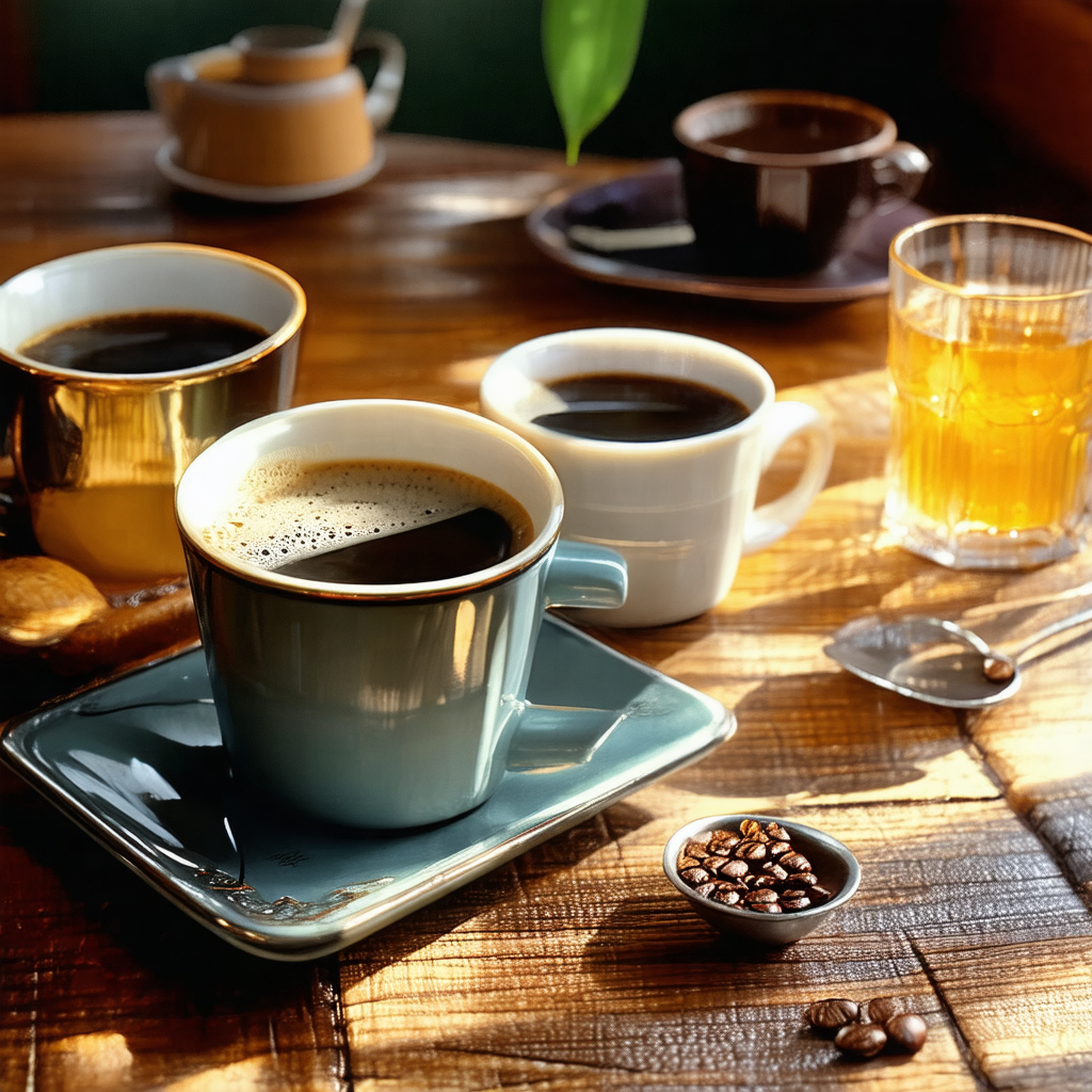 Wooden dining table with a variety of cups and coffee mug...