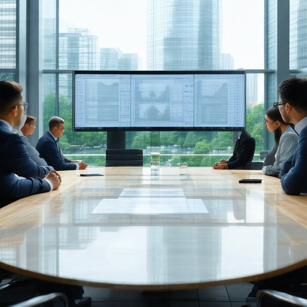 Group of people sitting around a large conference table, ...