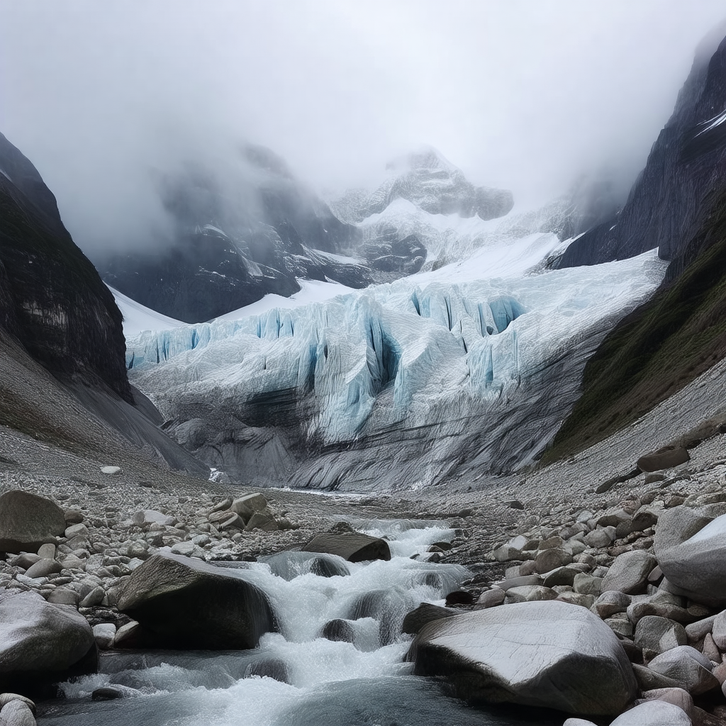 Large, frozen mountain with a river flowing through it
