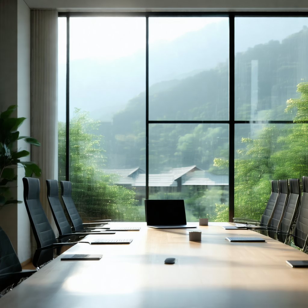 Large conference room with a long wooden table in the center