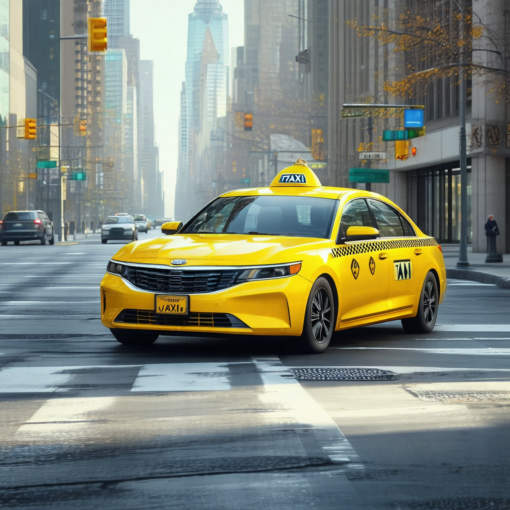 Yellow taxi cab driving down a busy city street