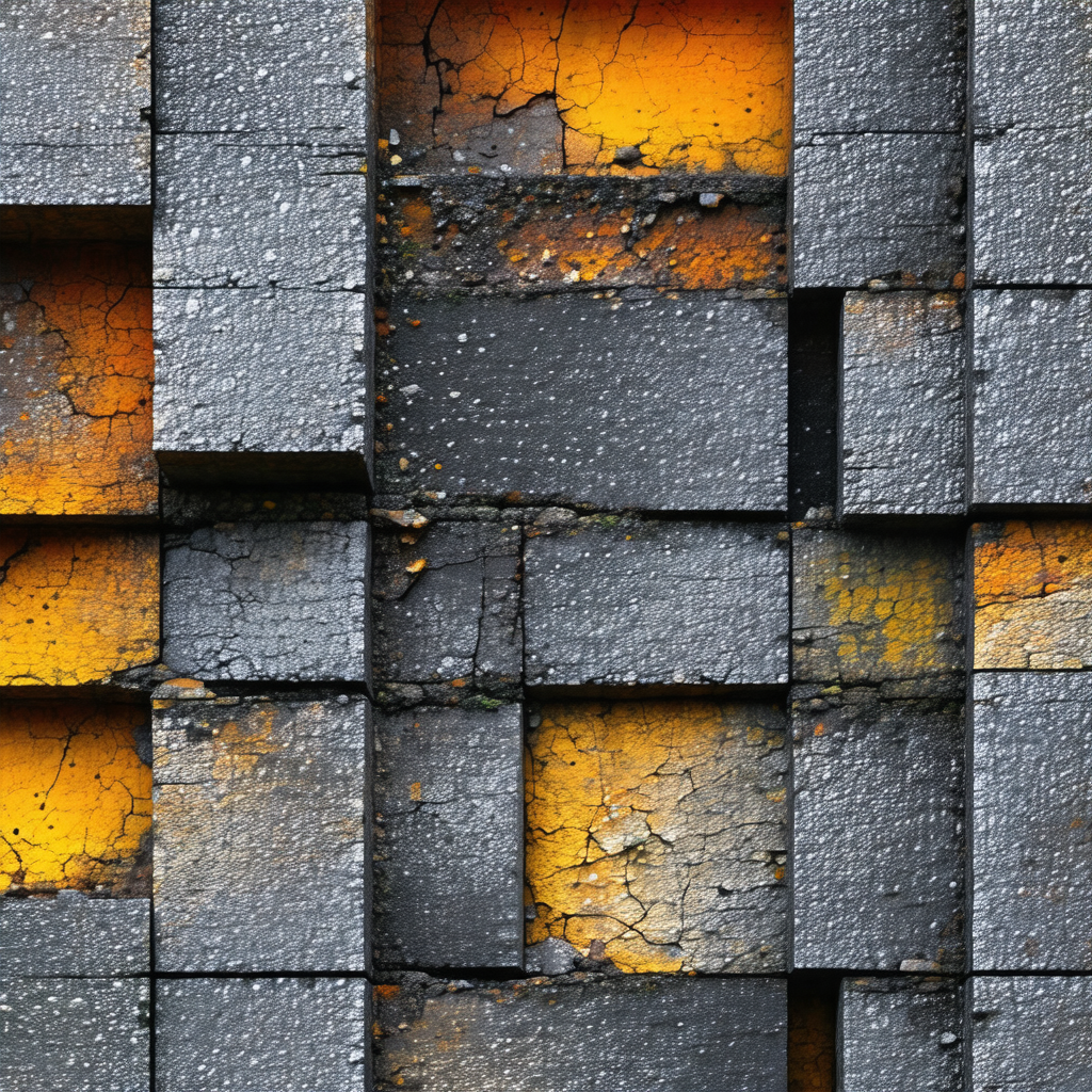 Large, black and yellow brick wall with a few cracks in it