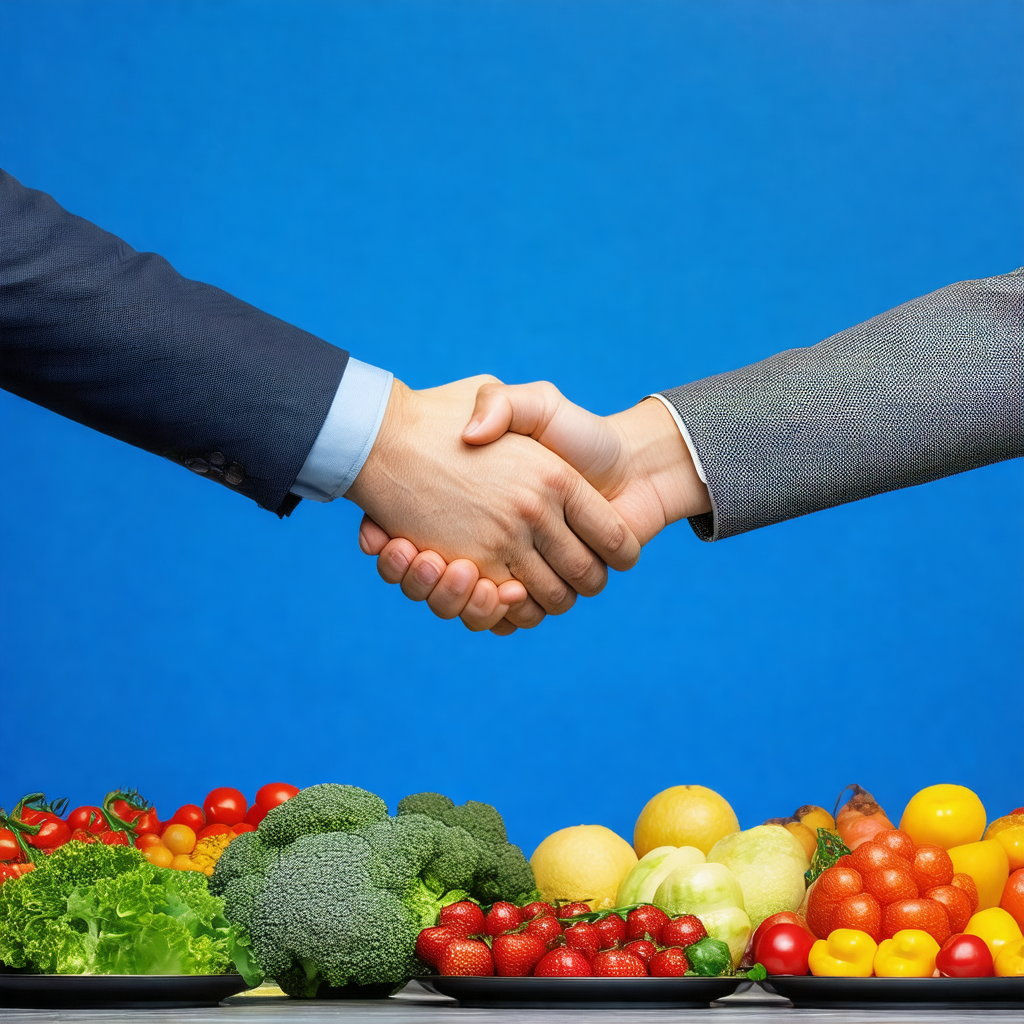 Two men shaking hands over a table filled with various fr...