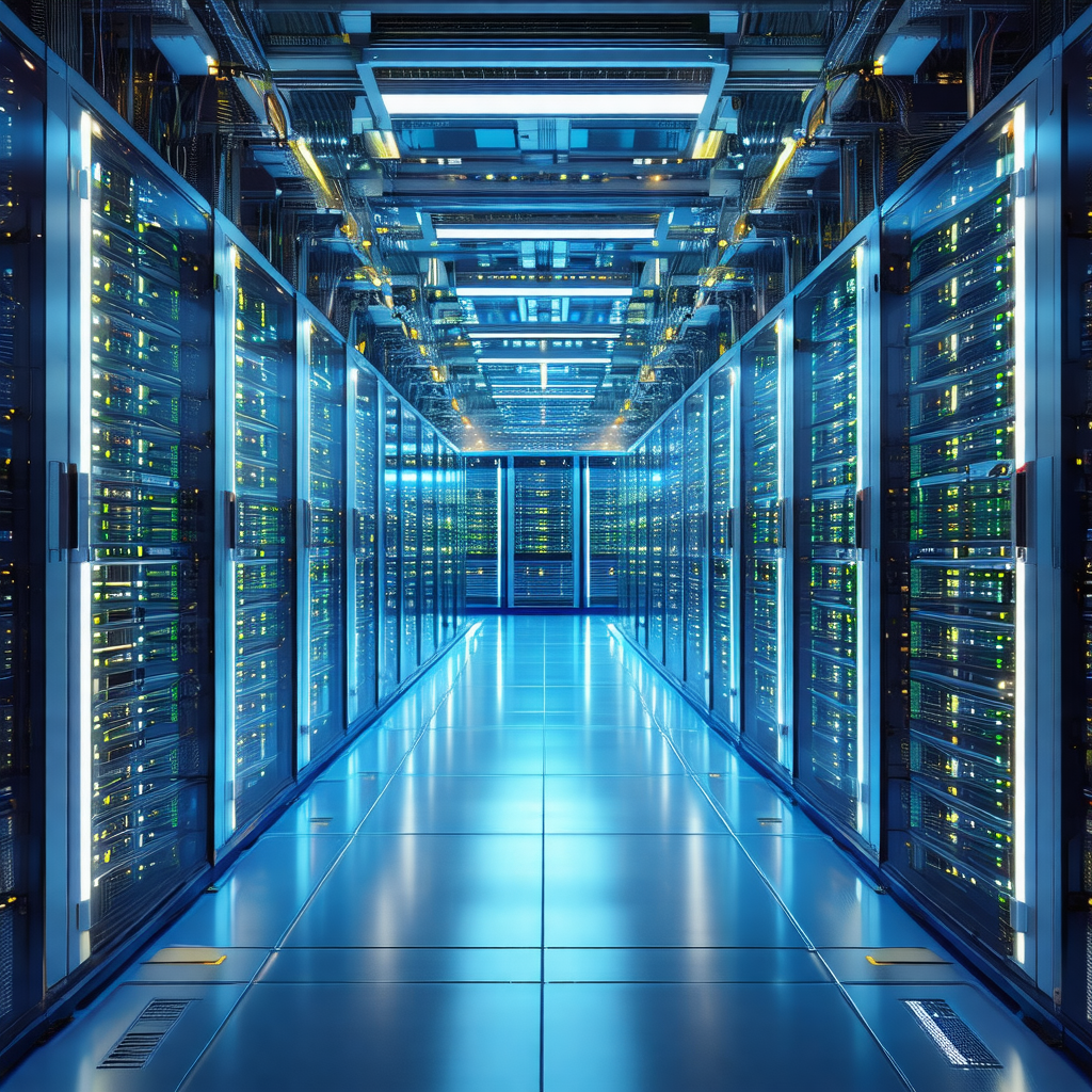 Large, well-lit data center filled with rows of servers