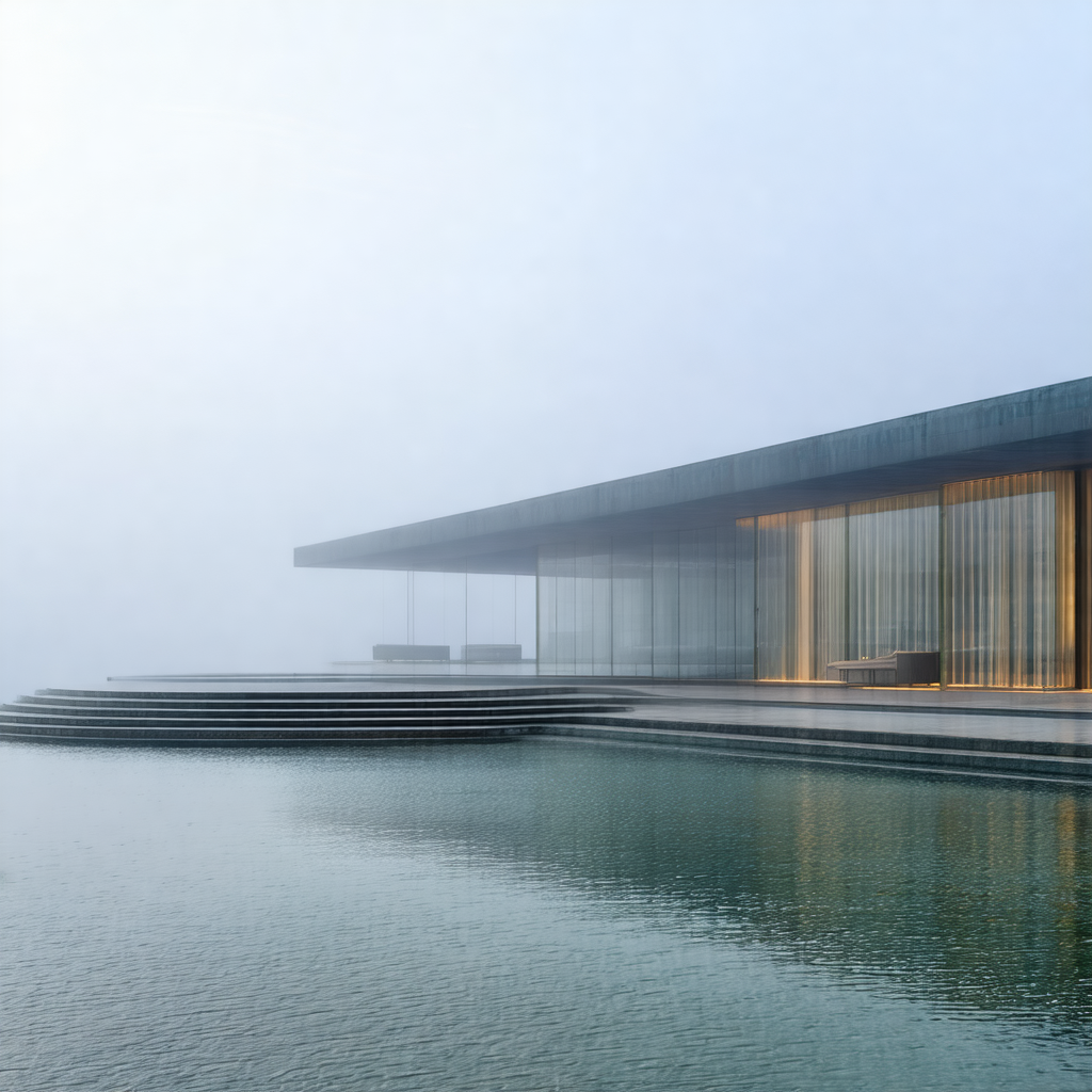 Large, modern building situated next to a body of water