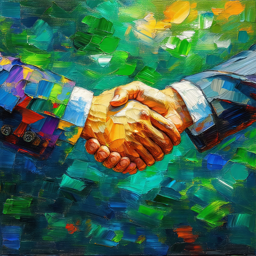 Two men are shaking hands in a green field