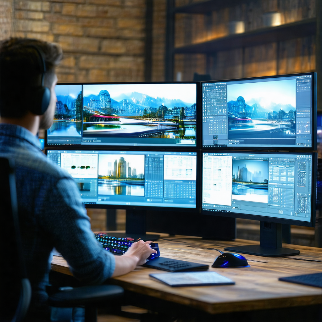 Man sitting at a desk in front of a computer setup