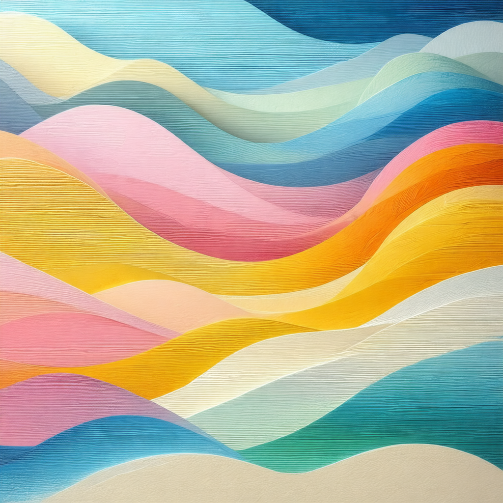 Large painting of a wave, with a variety of colors and te...