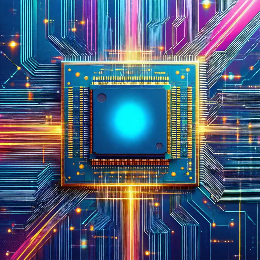 Close-up of a computer chip with a blue square in the center