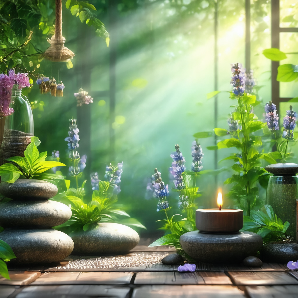 Serene scene with a small fire pit surrounded by a variet...