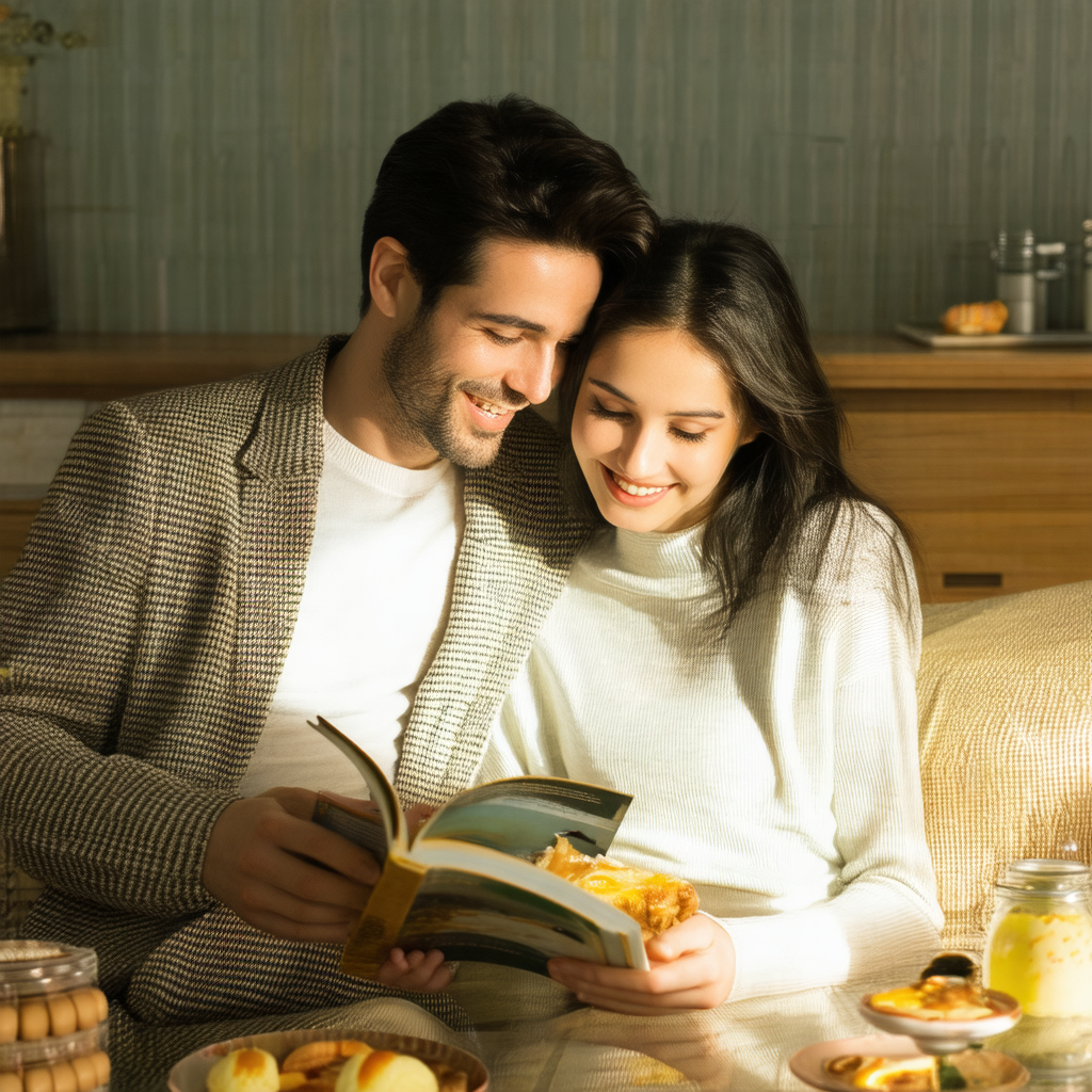 Man and a woman sitting together on a couch, both smiling...