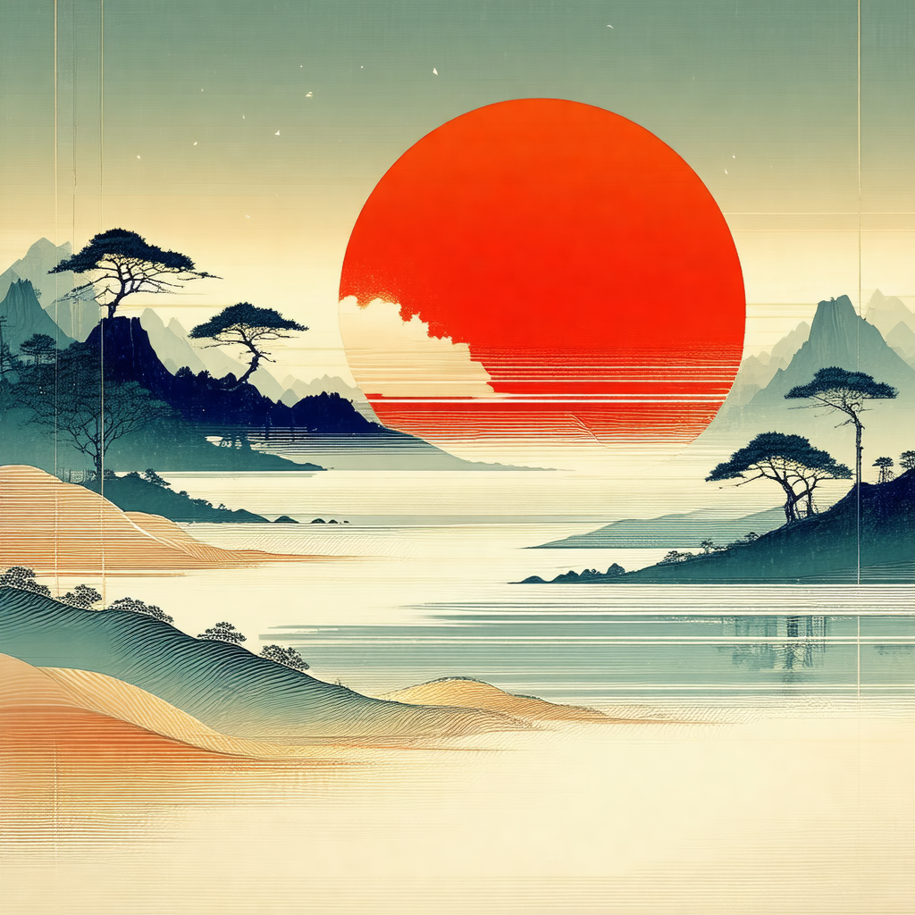 Serene scene of a sunset over a body of water, with a lar...