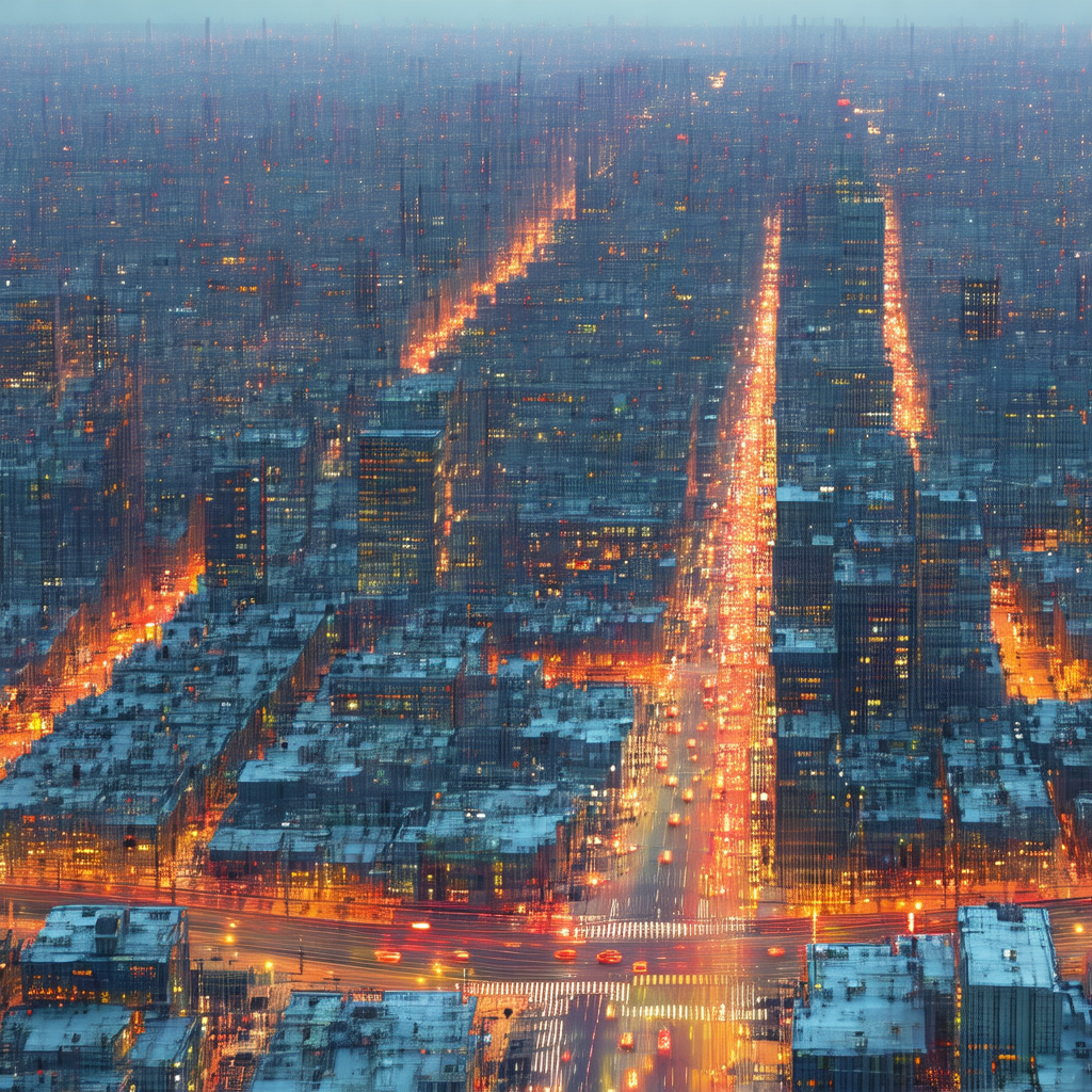 Nighttime view of a city with tall buildings and a busy s...