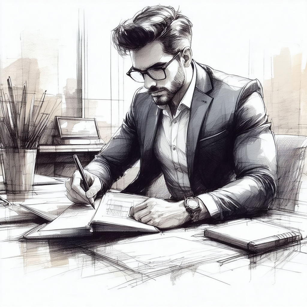 Black and white drawing of a man wearing a suit and tie, ...