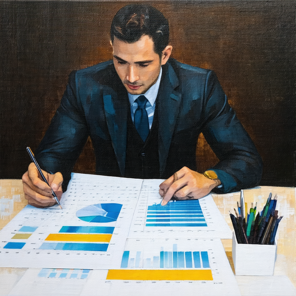 Man wearing a suit and tie, sitting at a table and workin...