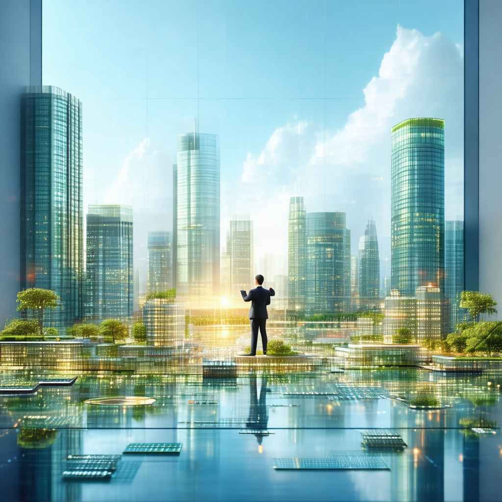 Man standing in a futuristic city, surrounded by a variet...
