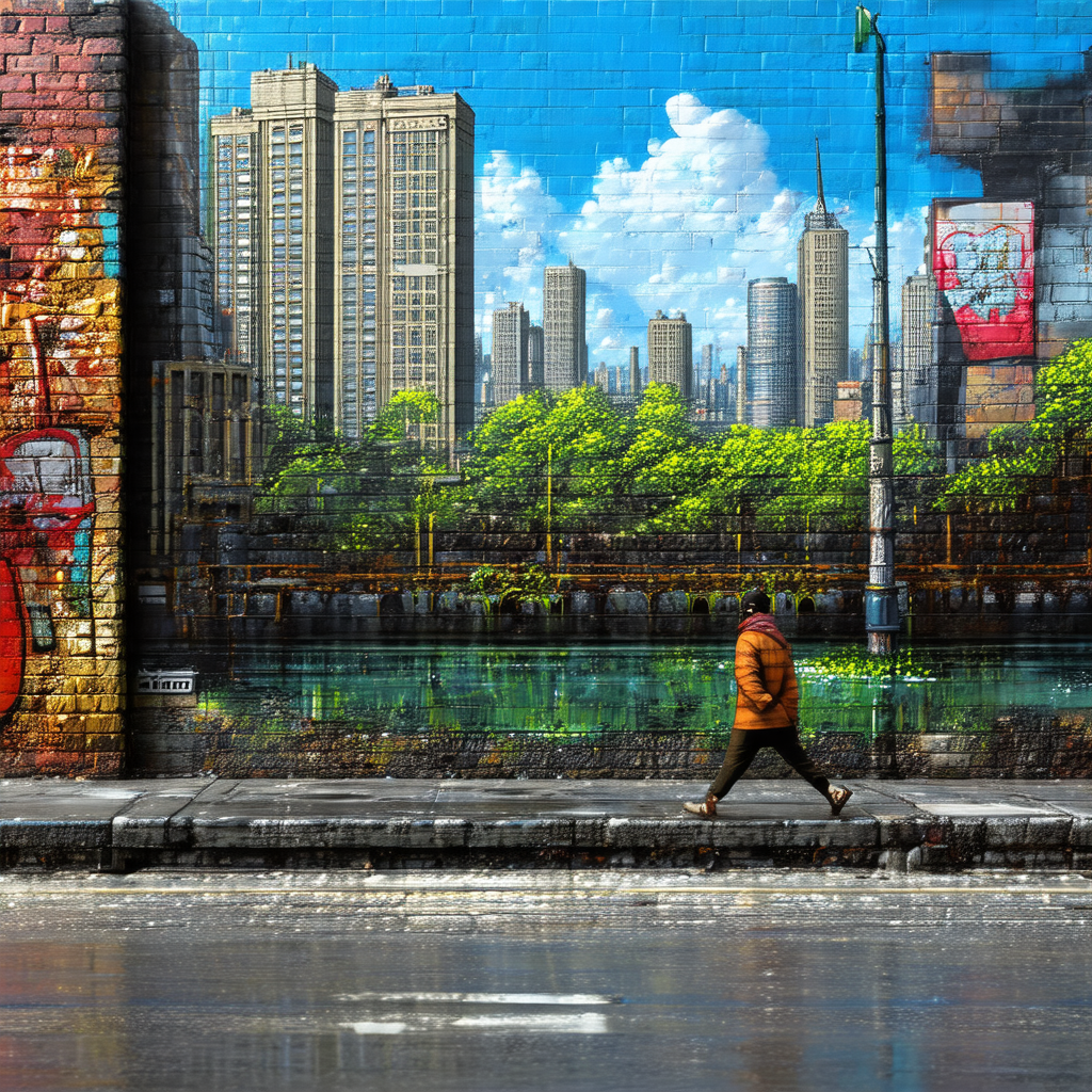 Man walking down a sidewalk in front of a large mural