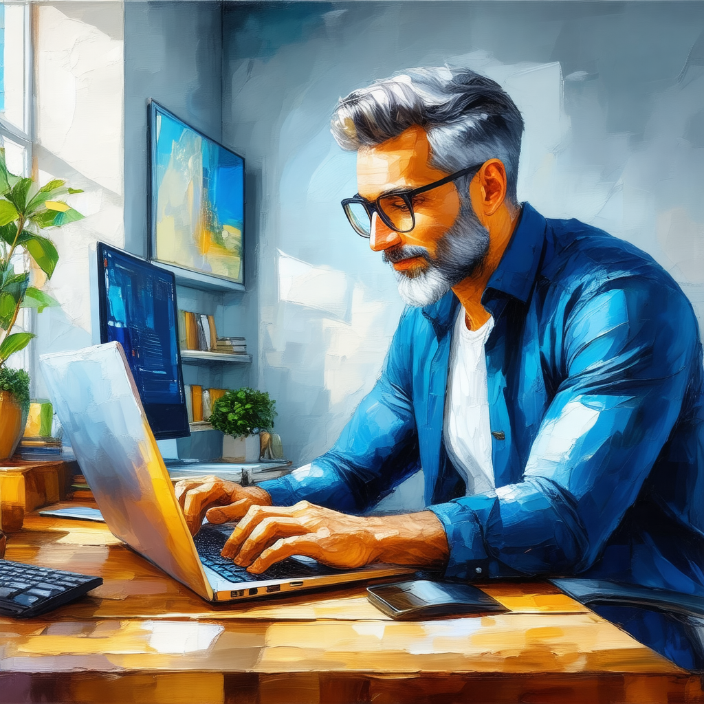 Man sitting at a desk, working on a laptop computer