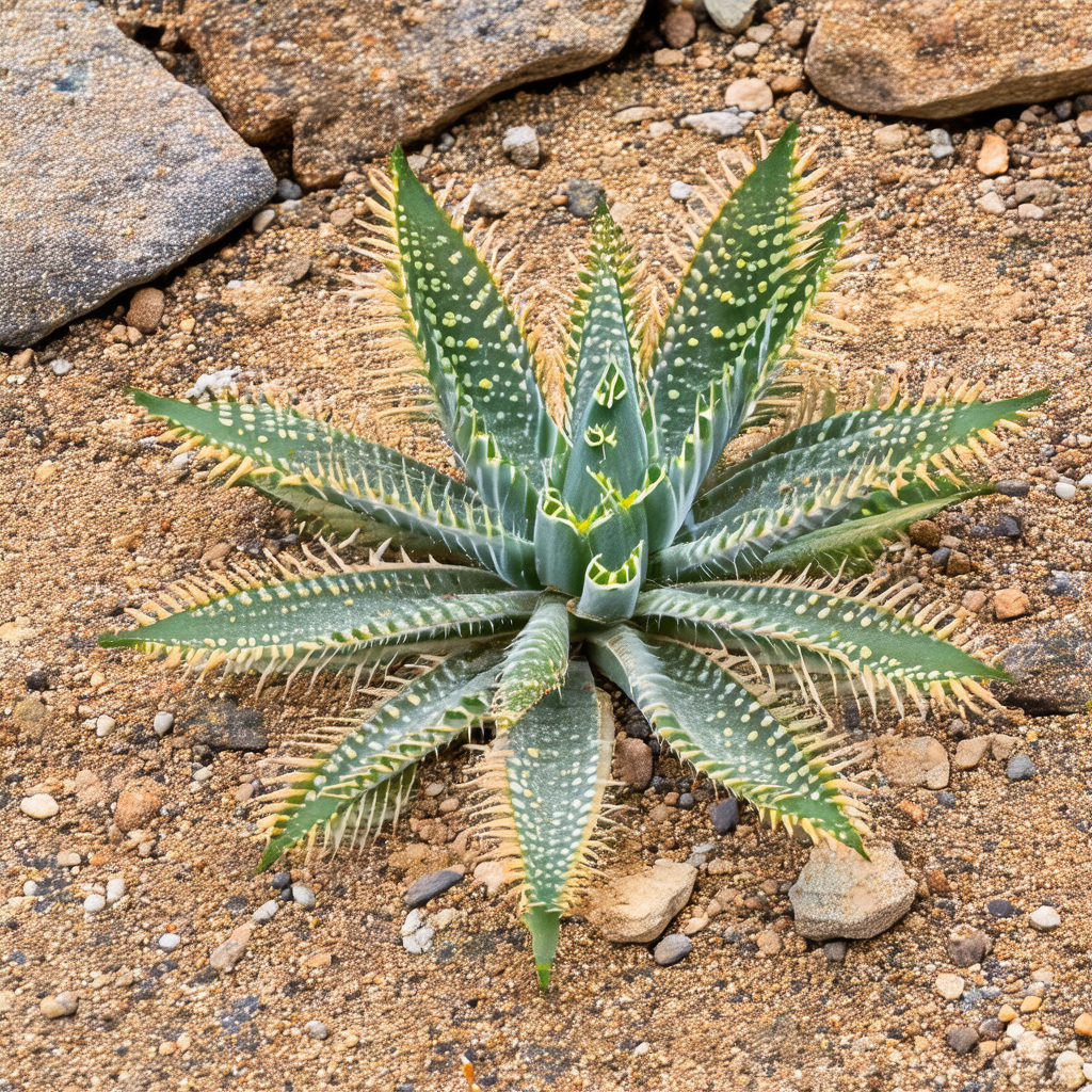 Large, green, spiky plant with a yellow center, sitting o...