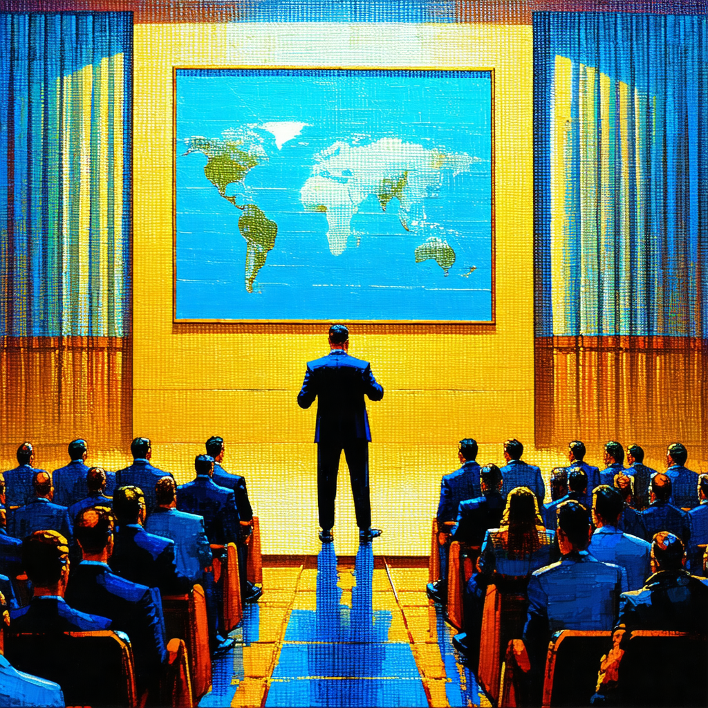 Painting of a man standing in front of a large map of the...