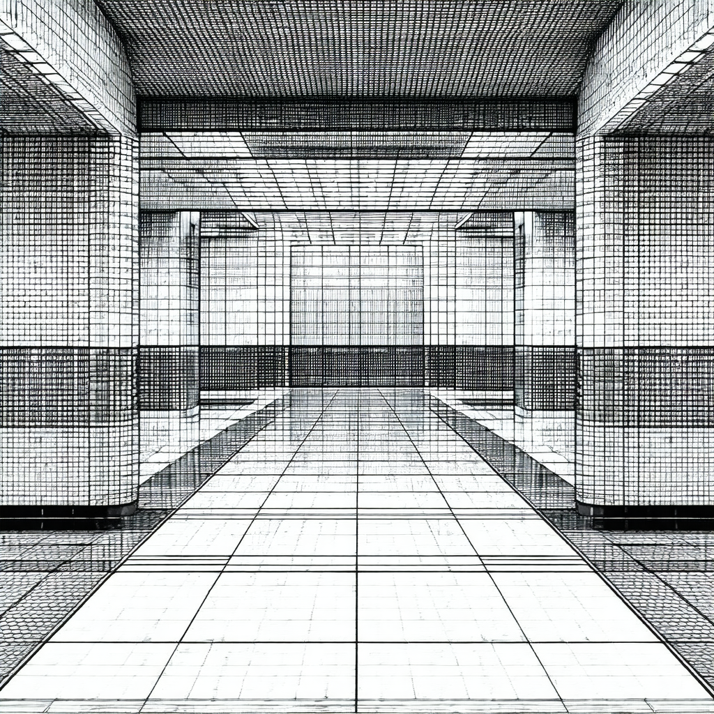 Black and white photo of a hallway in a building