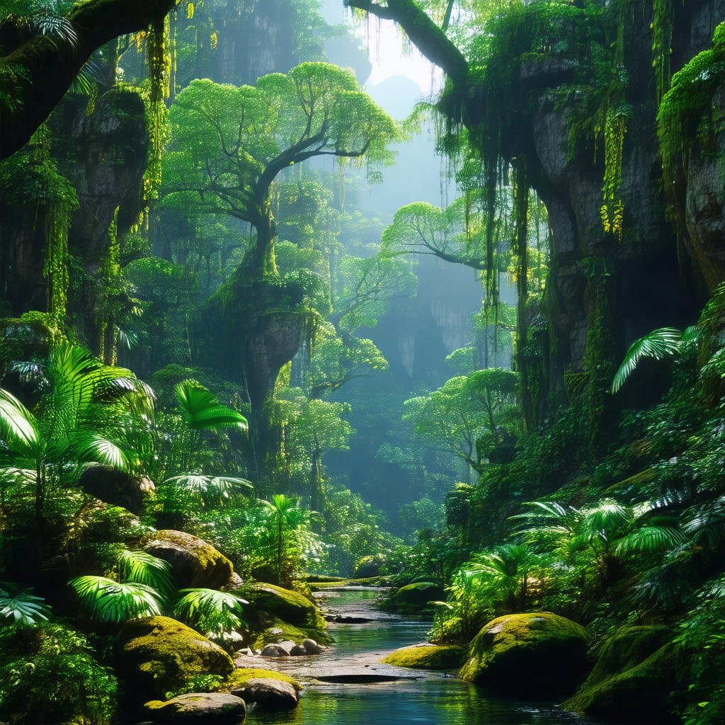 Lush, green forest filled with trees and plants
