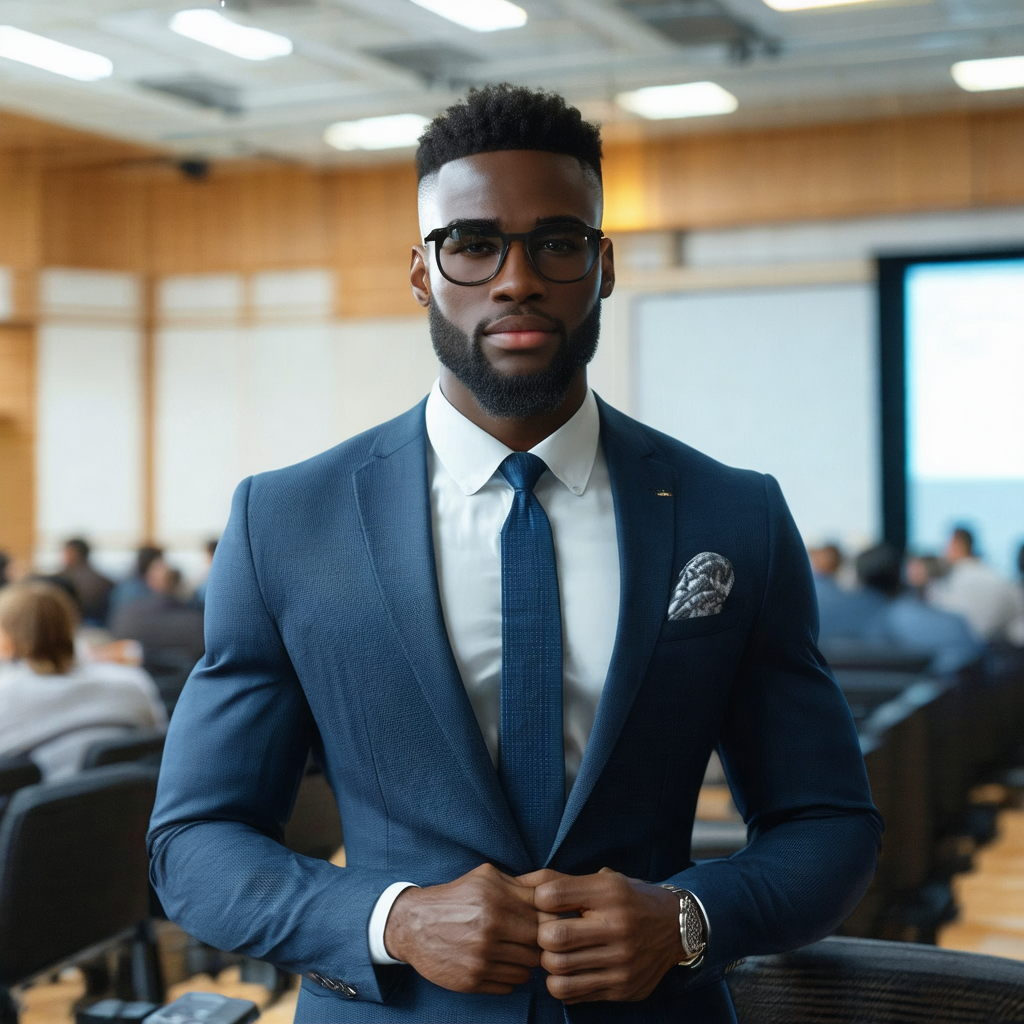Man wearing a suit and tie, standing in a room with sever...