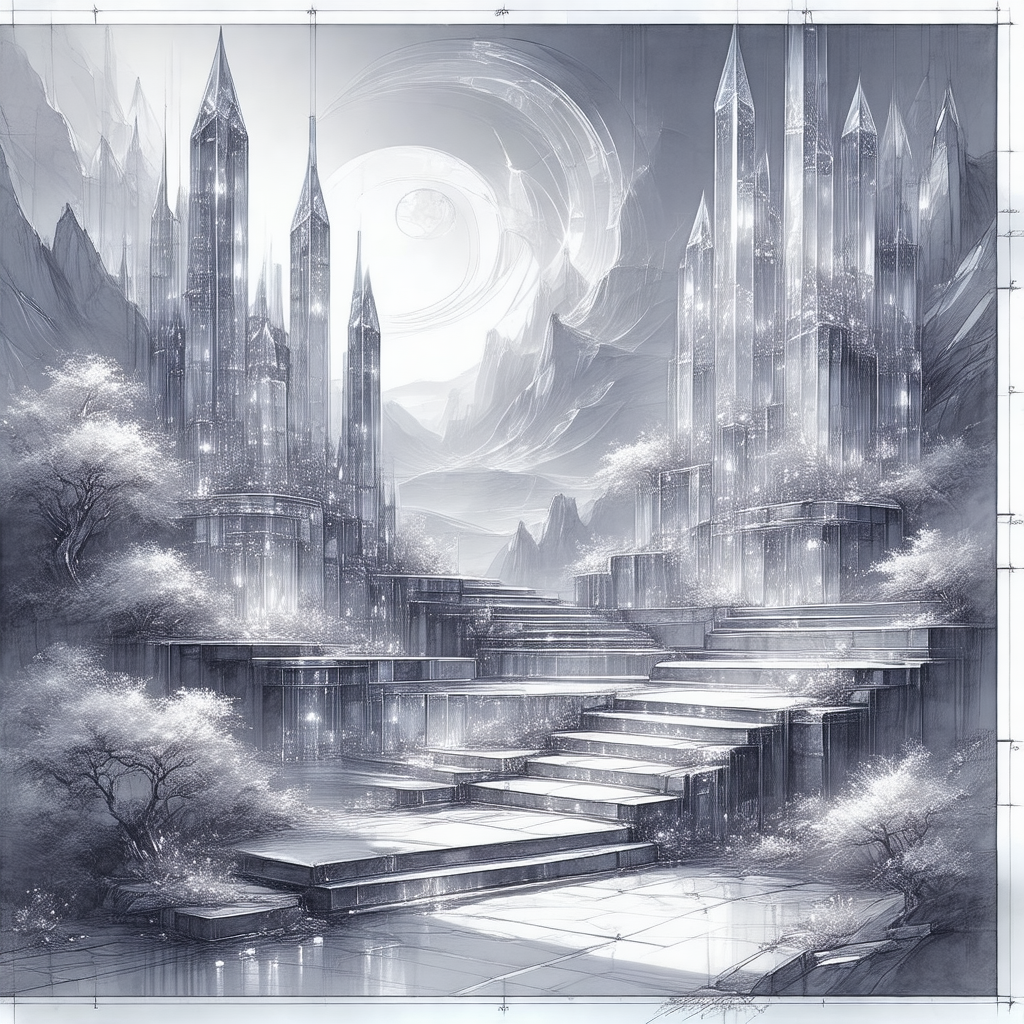 Black and white drawing of a city with a large castle in ...