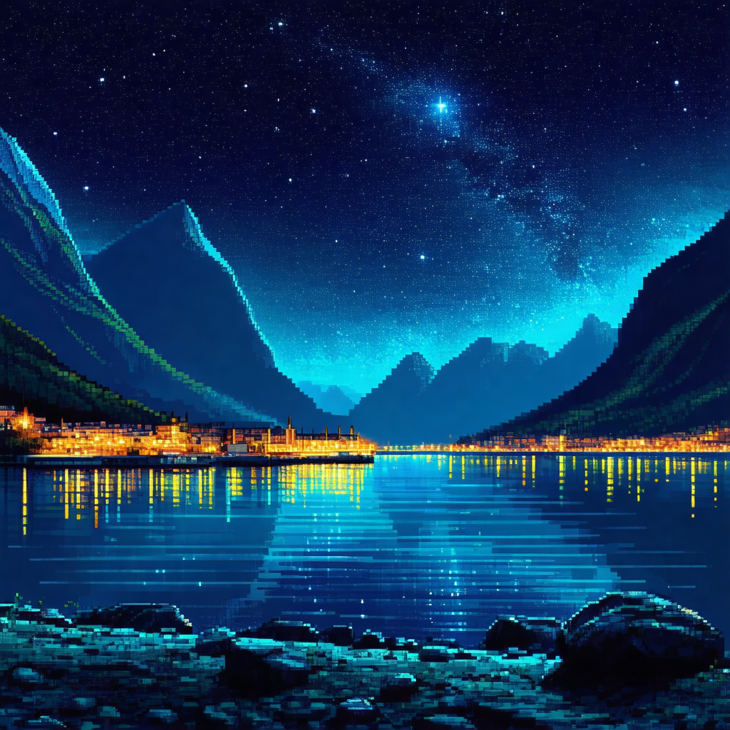 Beautiful painting of a mountain lake at night