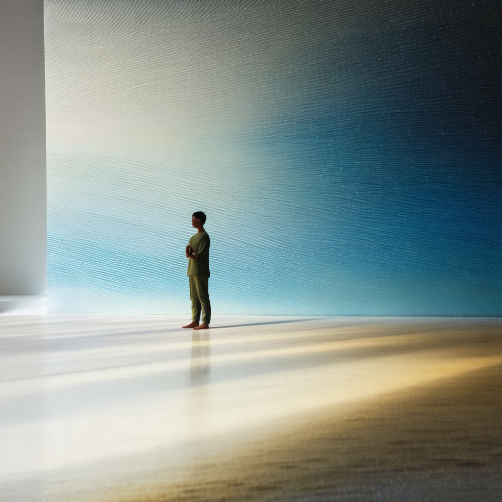 Man standing in a large, open room with a blue wall