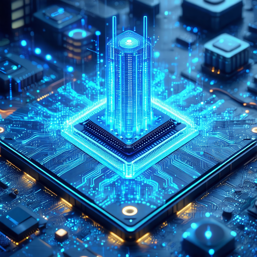 Futuristic cityscape with a large, blue, glowing tower in...