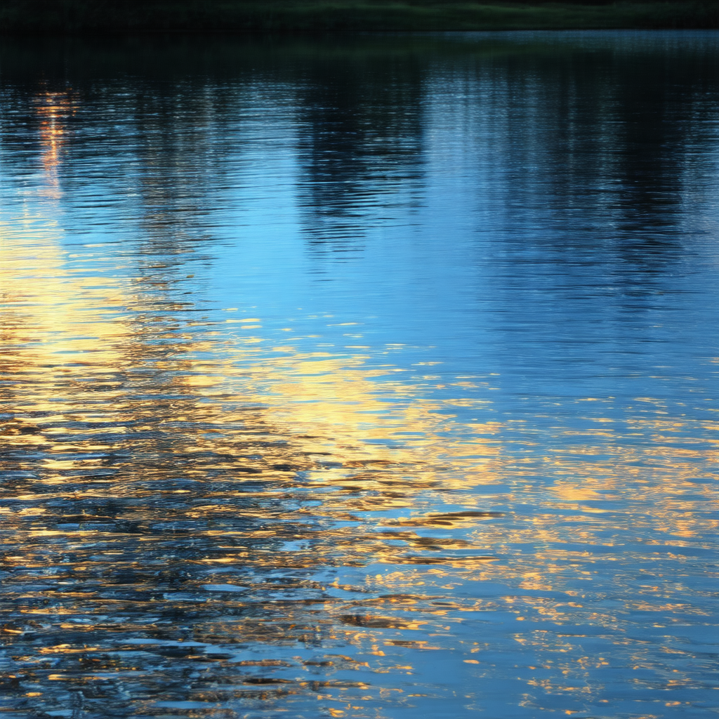 Serene lake with a reflection of trees and clouds on the ...