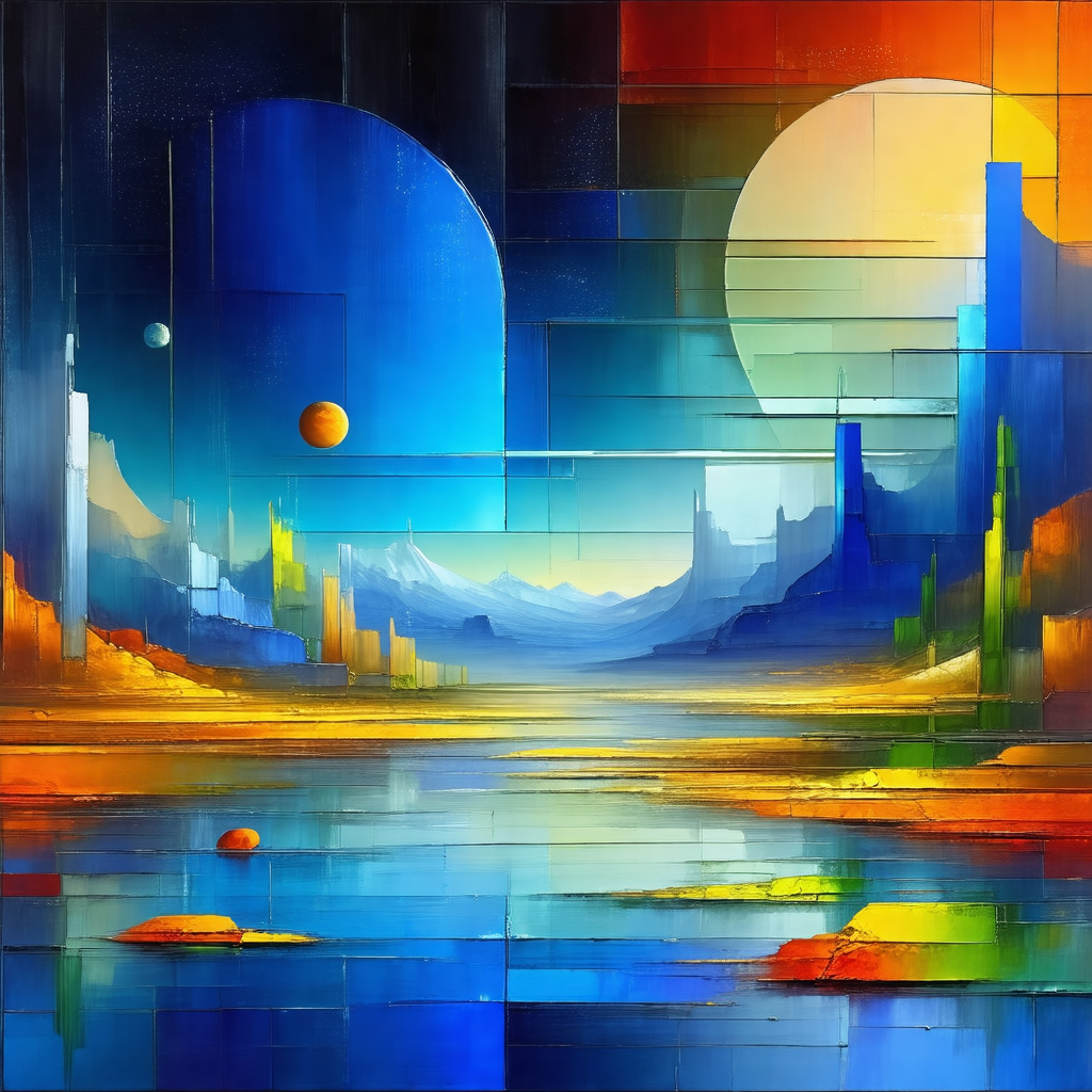 Painting of a beautiful landscape featuring a body of wat...