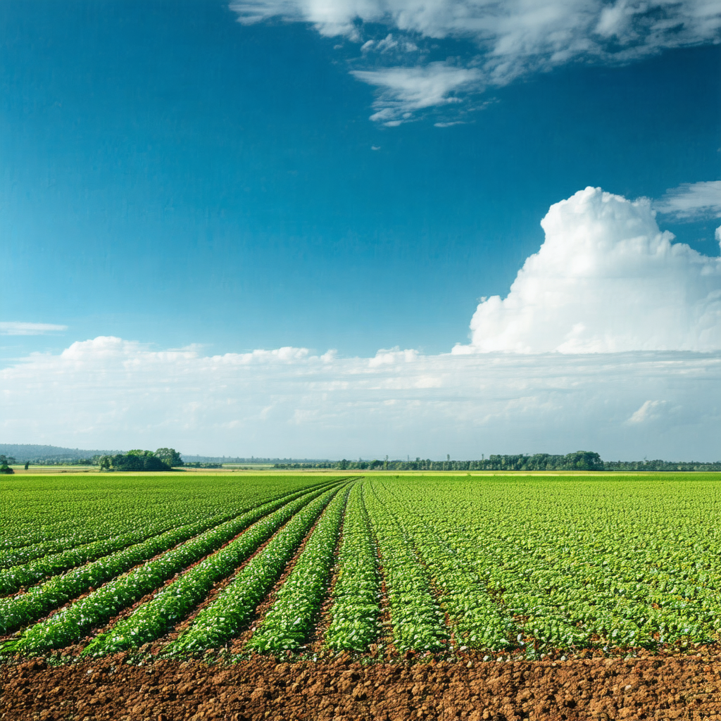 Large, lush green field with a cloudy blue sky above
