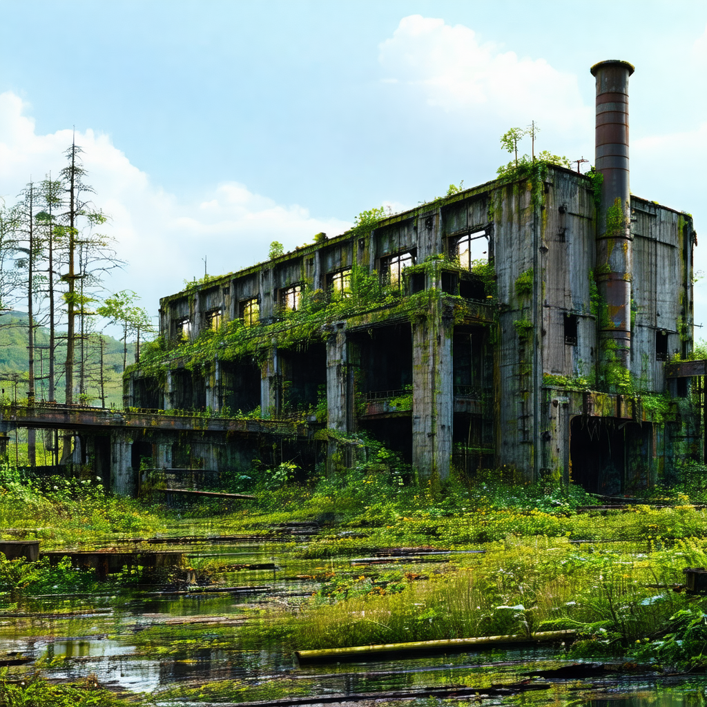 Large, abandoned building with a rusty chimney