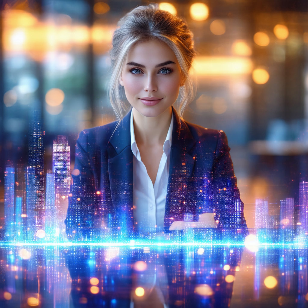Woman wearing a suit and tie, standing in front of a city...