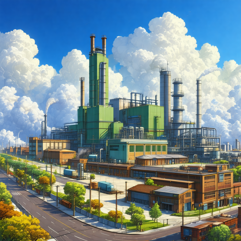 Cartoon-like drawing of a factory with a large green buil...
