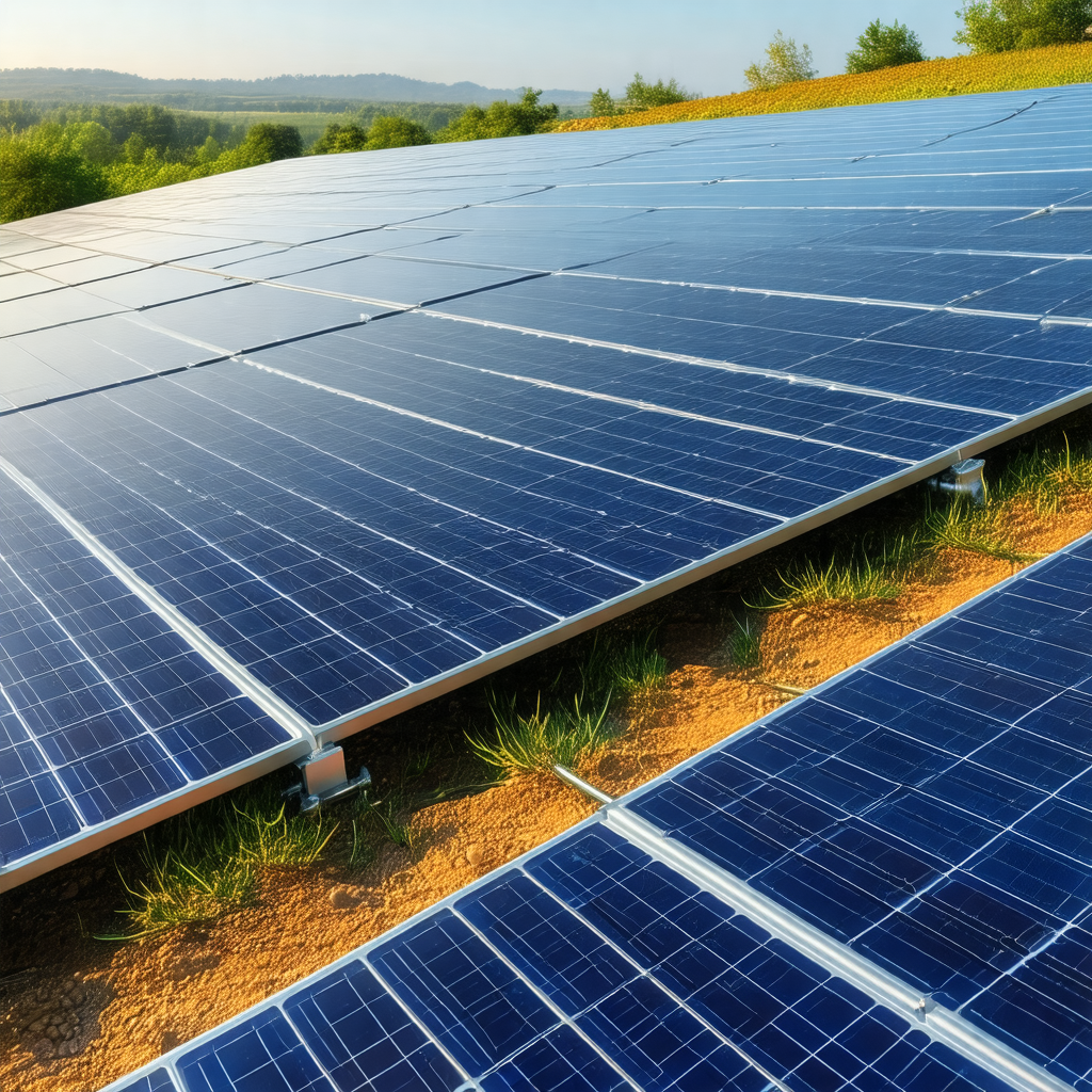 Large solar panel array, with multiple rows of solar pane...