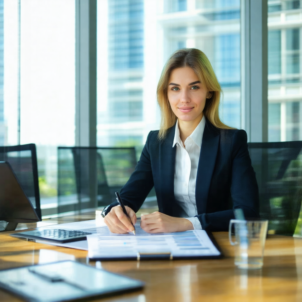 Woman sitting at a desk in an office setting