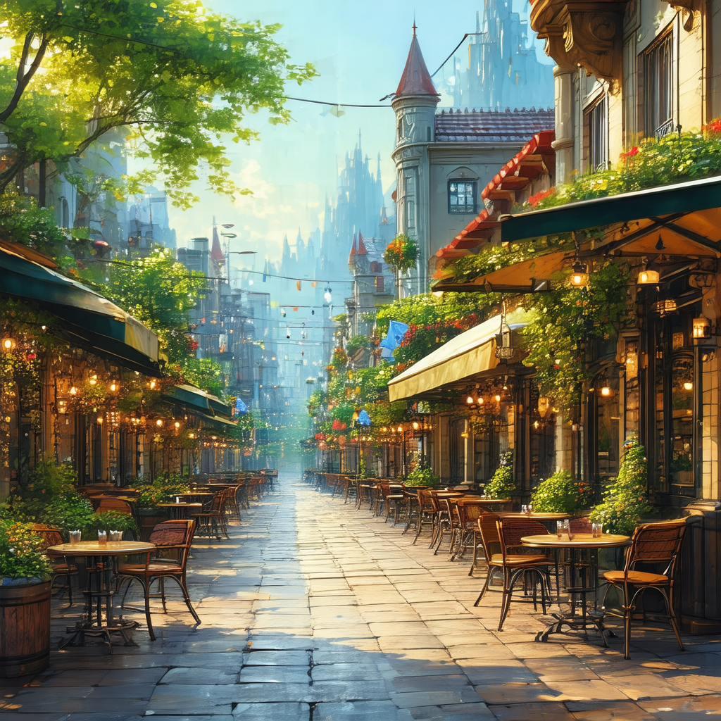 Painting of a city street with a row of tables and chairs...